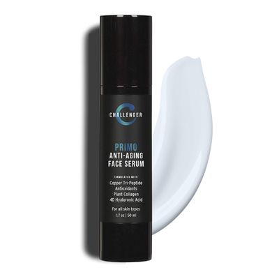 Challenger Primo Anti-Aging Face Serum Skin Care Reduce Age Spots, Deep Wrinkles Clean Dispensing Airless Pump Premium Copper Tri-Peptide Formula w 4D Hyaluronic Acid 1.7oz