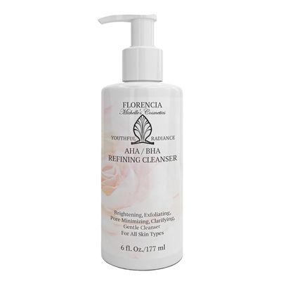 Florencia AHA BHA Refining Cleanser - Gentle Daily Exfoliating Face Wash with Glycolic, Salicylic, Lactic Acid, and Jojoba Beads - Pore Perfecting Facial Cleanser, 6 oz