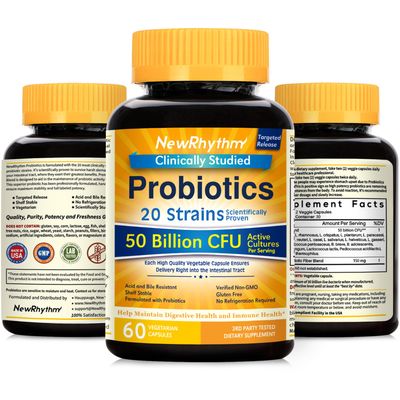 NewRhythm Probiotics 50 Billion CFU 20 Strains, 120 Veggie Capsules, Targeted Release Technology, Stomach Acid Resistant, No Need for Refrigeration, Non-GMO, Gluten Free