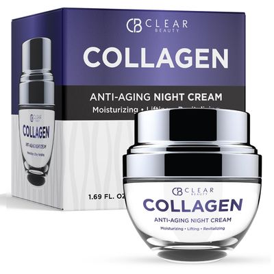 Clear Beauty Collagen Night Face Moisturizer - Dermatologist Tested, Reduces Wrinkles Fine Lines, Hydrating, Anti-Aging Cream, Cruelty-Free Korean Skin Care, All Skin Types - 1.69 oz