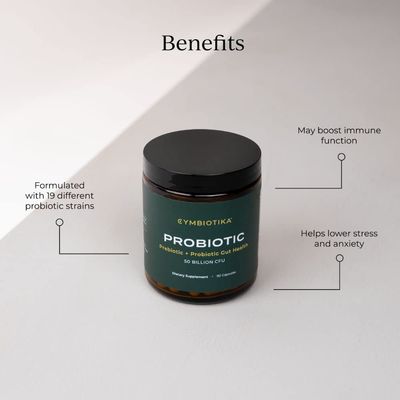 CYMBIOTIKA Probiotic Prebiotic Gut Health Supplement for Women Men, Supplements for Immune Support, Digestive Health, Gut Balance, Contains Probiotics Prebiotics, 50 Billion CFU, 90 Capsules