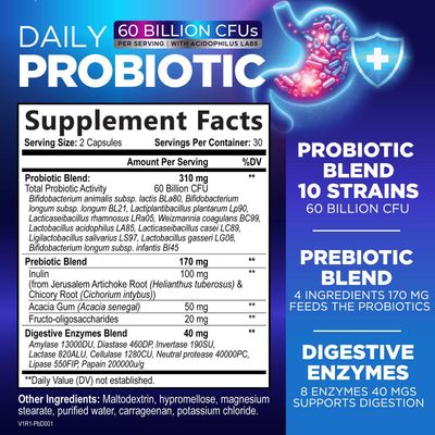 Probiotics 60 Billion CFU - 10 Strains Digestive Enzymes Prebiotics - Best Probiotic for Women Men, Supports Immune, Gut Health, Occasional Constipation, Diarrhea, Gas Bloating - 60 Capsules