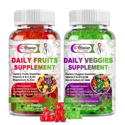 Sugar-Free Fruits and Veggies Gummies Supplement, Multi-Vitamins Minerals in Gummies, Natural Fruits and Vegetables Supplement, Immunity Antioxidant Energy Supplements for Women Men
