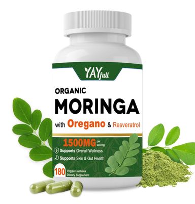 YAYFULL Organic Moringa Capsules 180 Capsules Pure Moringa Oleifera Leaf Powder with Resveratrol, Oregano Glutenfree, Non-GMO Supports Energy, Healthy Skin Metabolism, Immune Wellness