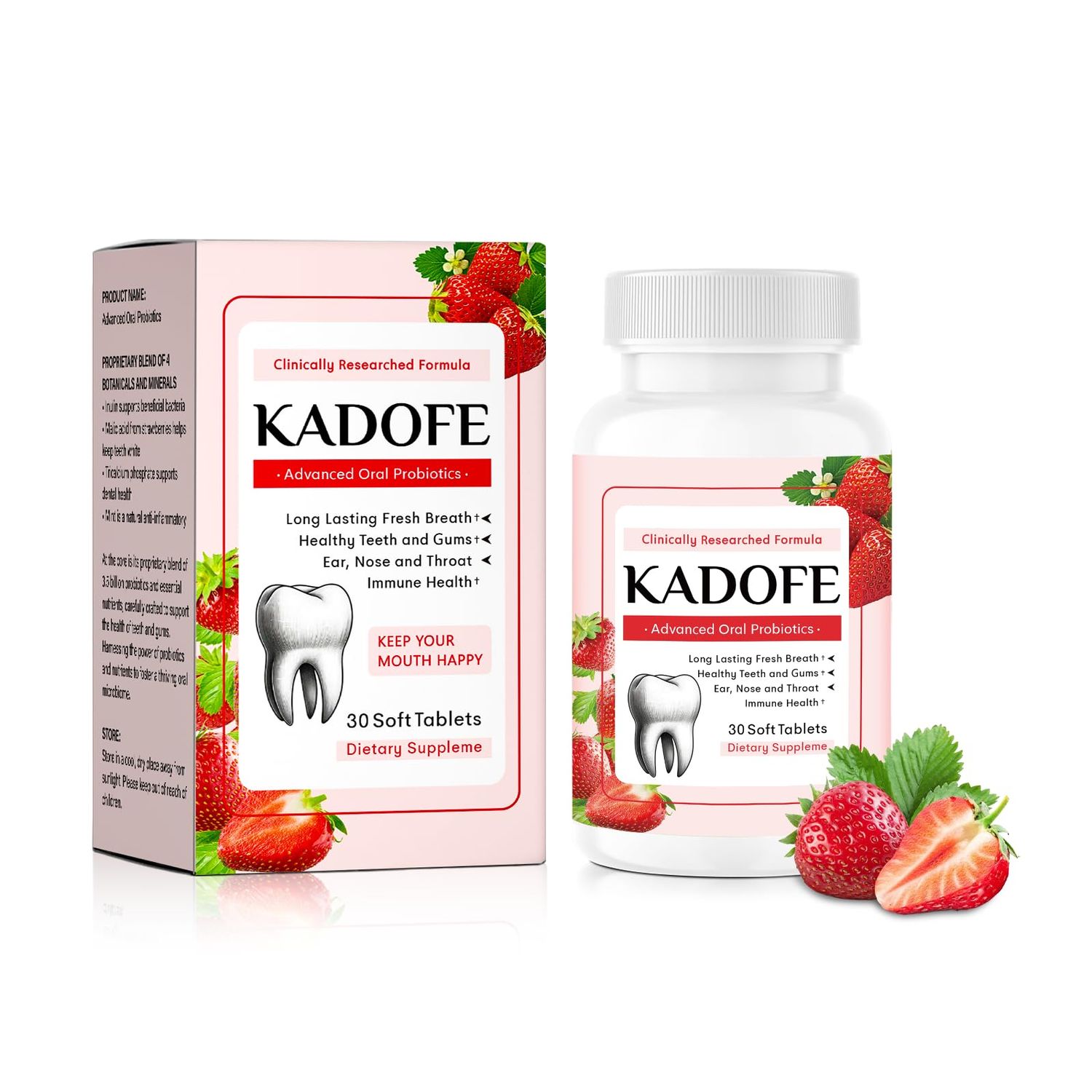 Kadofe Oral Probiotics for Gums and Teeth Health Fresh Breath, 35 Billion CFU Advanced Oral Probiotics for Mouth Bad Breath, Combats Dry Mouth, Halitosis, 30 Tablets (Strawberries-1pcs)