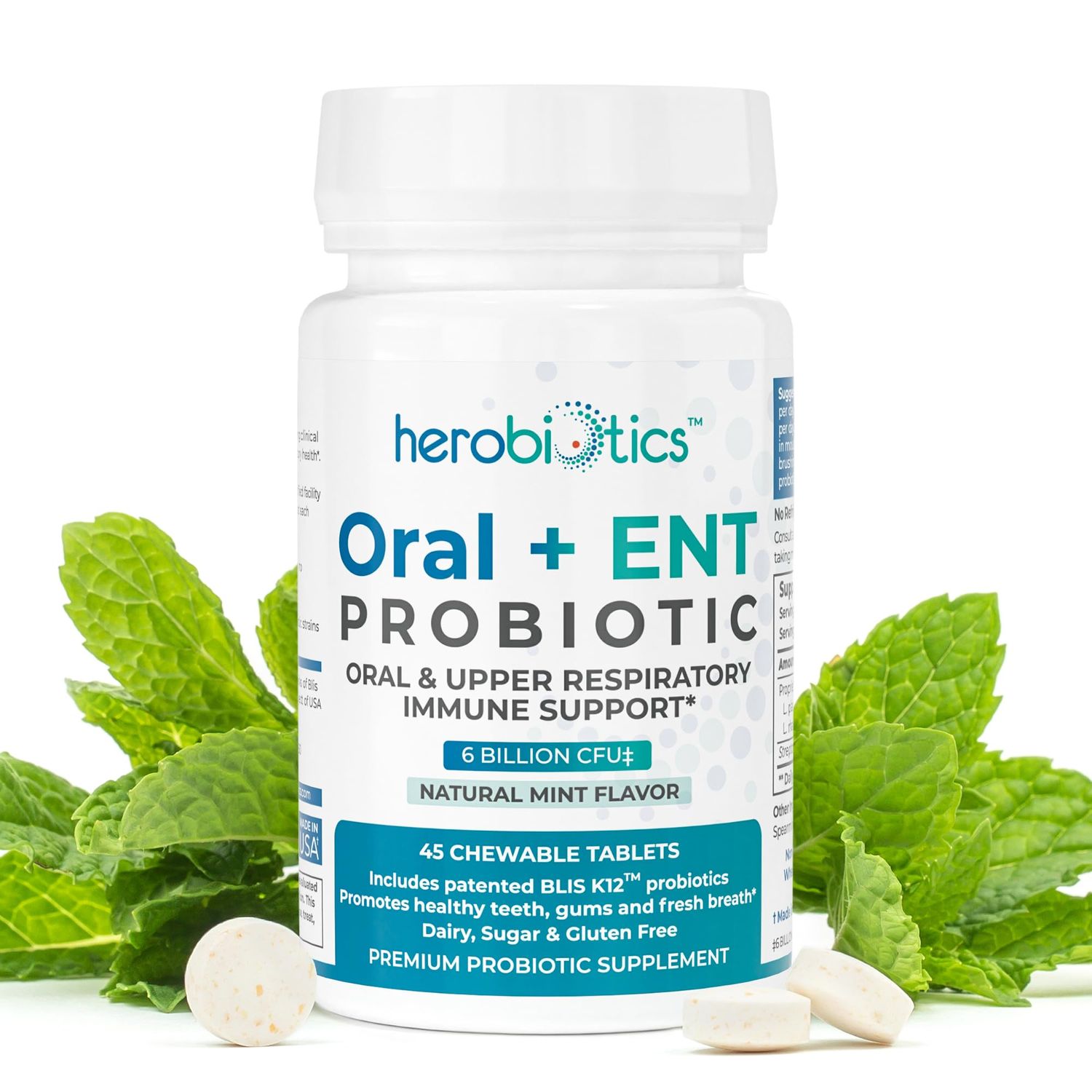 Oral Probiotics for Better Breath, Gingivitis, Strep Throat, Tonsil Stones, ENT - 6 Bn CFU Oral Probiotics with Lactobacillus Reuteri, L. Plantarum BLIS K12-45 Chewable Tablets