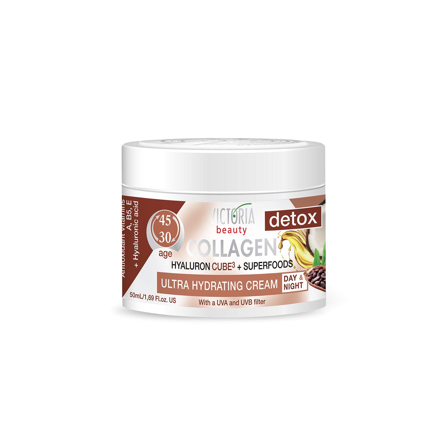 Skin Care Detox Anti-Aging Day Night Face Cream with Collagen, Super foods and Cube3 Hydrating, UVA and UVB filter 50 ml