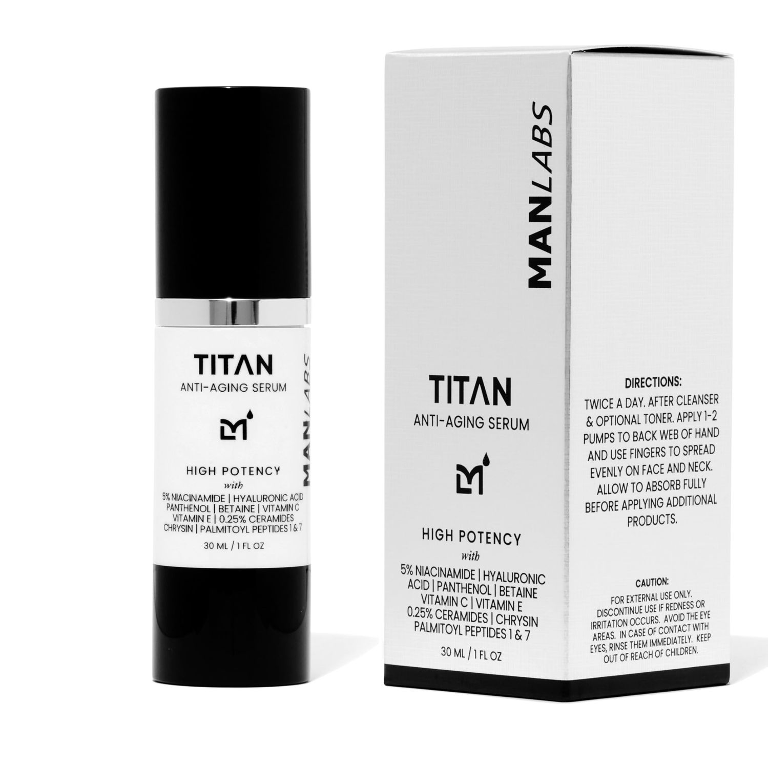 Man Labs Titan High Potency Anti Aging Face Serum for Men - Mens Facial Moisturizer with Hyaluronic Acid, 5 Niacinamide, Peptides, Vitamin C for Dark Spots, Wrinkles, Fine Lines - Unscented, 1 Fl Oz