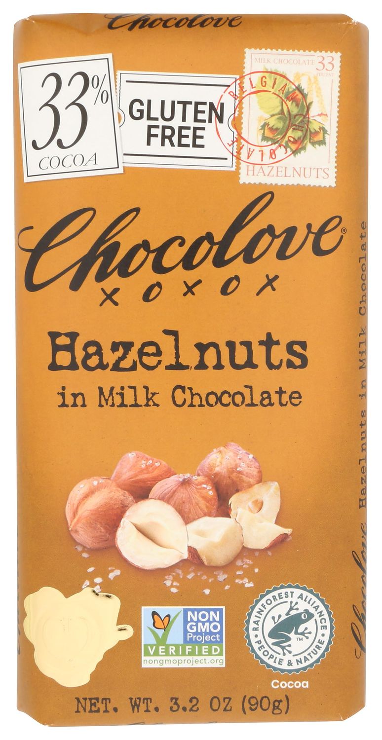 Chocolove Hazelnuts in 33 Cocoa Milk Chocolate Bar, Kosher, Gluten Free Non-GMO, 3.2 Ounce (Pack of 12)