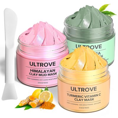 Ultrove 3-in-1 Clay Mask Set for Face Green Tea, Turmeric Vitamin C Himalayan Pink Clay Deep Cleansing, Pore Refining, Moisturizing Facial Mask Kit (3.5oz Each) Silicone Brush