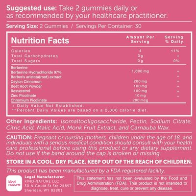 Kind Nature Berberine Gummies 1000mg with Ceylon Cinnamon Resveratrol - Sugar-Free Vegan Supplement for Blood Sugar Support, Metabolism, Cravings Wellness - Non-GMO, Gluten-Free