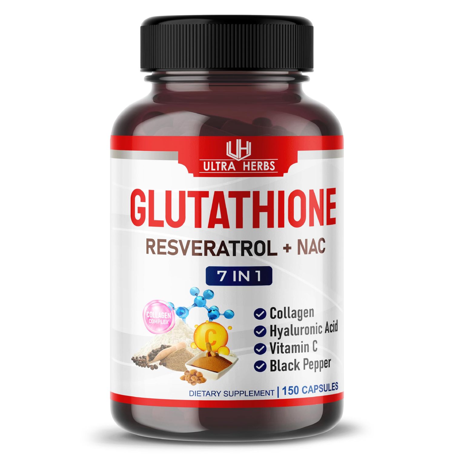 Glutathione Supplement Active Reduced Form, Enriched with Resveratrol, NAC, Collagen, Hyaluronic Acid, Vitamin C - Advanced Antioxidant for Immunity Detox 150 Capsules