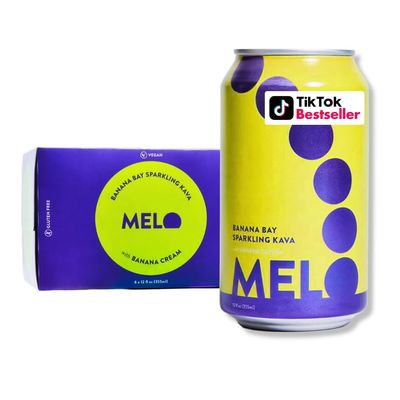 Melo Sparkling Kava Drink, Banana Cream, Sugar Free Non Alcoholic Drinks with Zero Calories, Gluten Free, Vegan, 100 Natural Mocktail with 100mg Kava Root per Drink, 6 Pack, 12 oz Cans