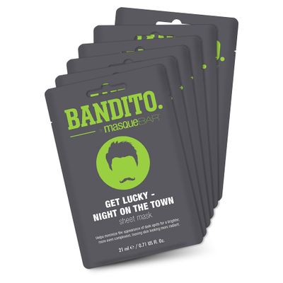 masque BAR Bandito Men Facial Sheet Mask (6 Pack) -Korean Skin Care Pore Treatment - Mosturizes Brightens - Tightens Pores, Evens Skintone and Enhances Skin Radiance - Get Lucky Night On the Town