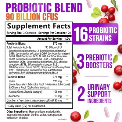 Probiotics for Women - 90 Billion CFU 16 Probiotic Strains with Cranberry, Vaginal Probiotics with Prebiotics PH, Digestive, UT, Immune, Feminine Health Support, Pro Biotics for Women, 60 Capsules