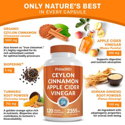 5-in-1 Ceylon Cinnamon Capsules 2355mg - Apple Cider Vinegar Capsules with Turmeric, Panax Ginseng, and Bioperine (120 Count, Pack of 2)