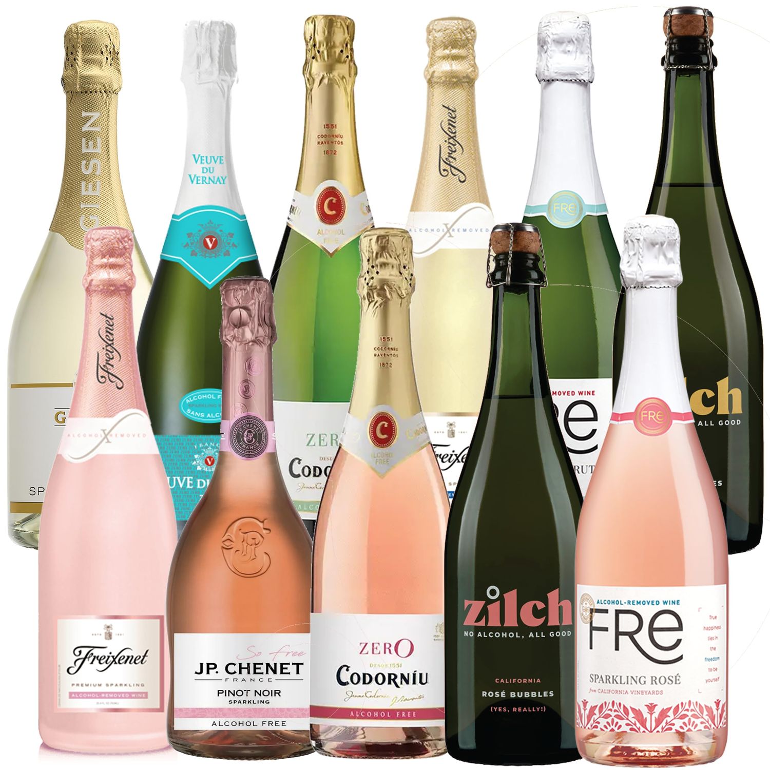 Sparkling and Sparkling Ros Non-Alcoholic Wine Date Night Mixed 11 Pack Includes Freixenet, Zilch, Codorniu, Giesen, Veuve du Vernay, J.P. Chenet and Fre 750ml Zero Alcohol Dealcoholized Champagne