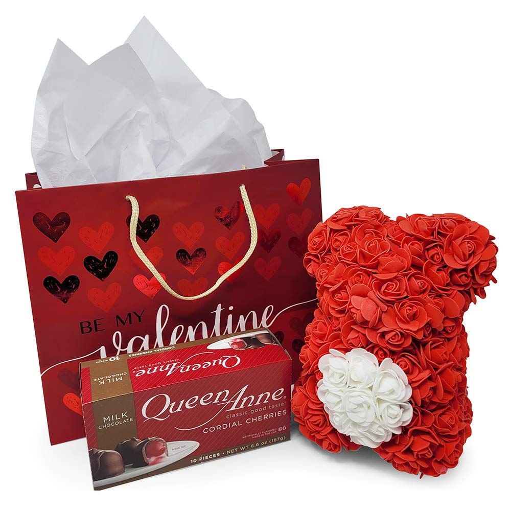 Rose Bear Teddy Bear Valentines Gift With Queen Anne Cordial Cherries, Gift Bag