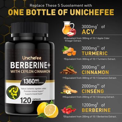 Unichefee Berberine Supplement Berberine HCL 1200mg Berberine with Ceylon Cinnamon Organic Supports Immune System Metabolism 120 Capsules
