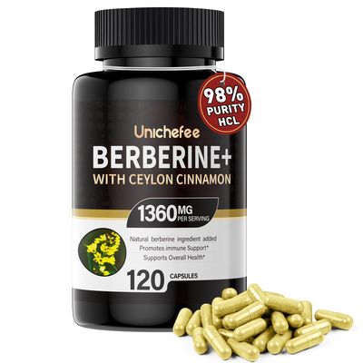 Unichefee Berberine Supplement Berberine HCL 1200mg Berberine with Ceylon Cinnamon Organic Supports Immune System Metabolism 120 Capsules