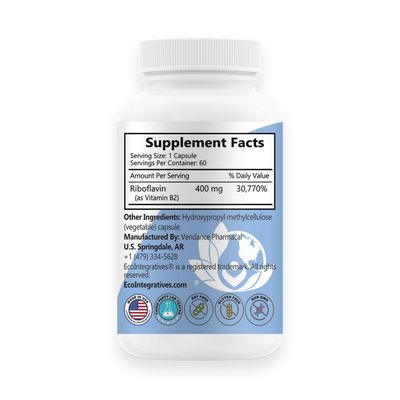 EcoIntegratives B2-400 Pure Riboflavin - Nervous System Health, Homocysteine Detox, Cardiovascular, Helps Boost Energy, Mental Clarity, Metabolism and Cell Function (60, Unflavored)