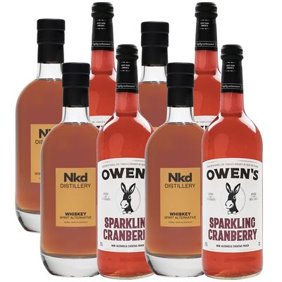 Nkd Distillery Whiskey Alternative Premium Non-Alcoholic Spirit 750 ML Bottles w Owen s Mixers Sparkling Cranberry 750 ML Bottles - Perfect for Mocktails - Made in USA