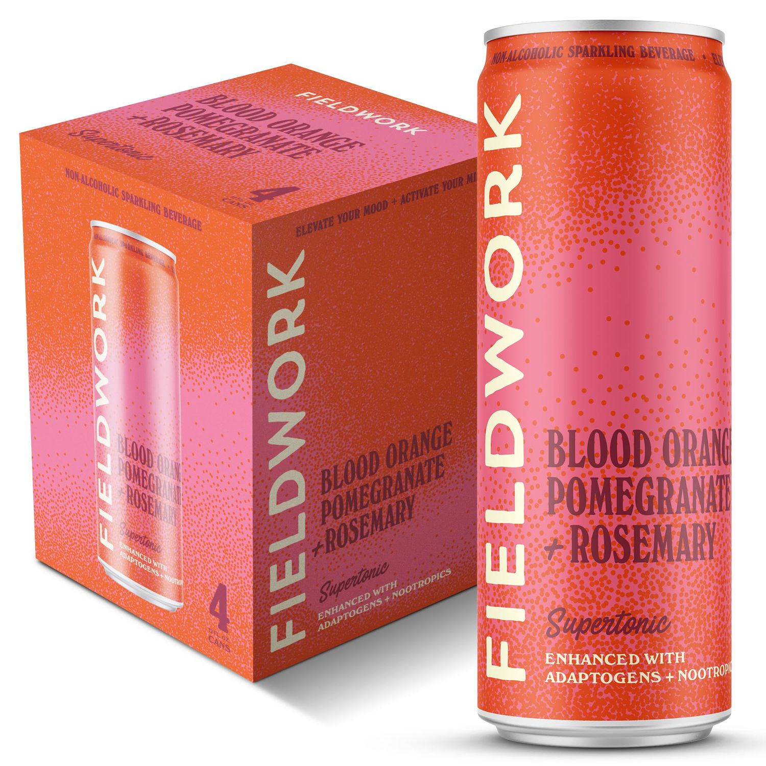 Fieldwork Supertonic, Adaptogen Non-Alcoholic Sparkling Adult Drink with Nootropics, Blood Orange Rosemary, 12 oz Cans, 4-Pack