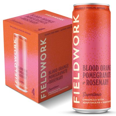 Fieldwork Supertonic, Adaptogen Non-Alcoholic Sparkling Adult Drink with Nootropics, Blood Orange Rosemary, 12 oz Cans, 4-Pack