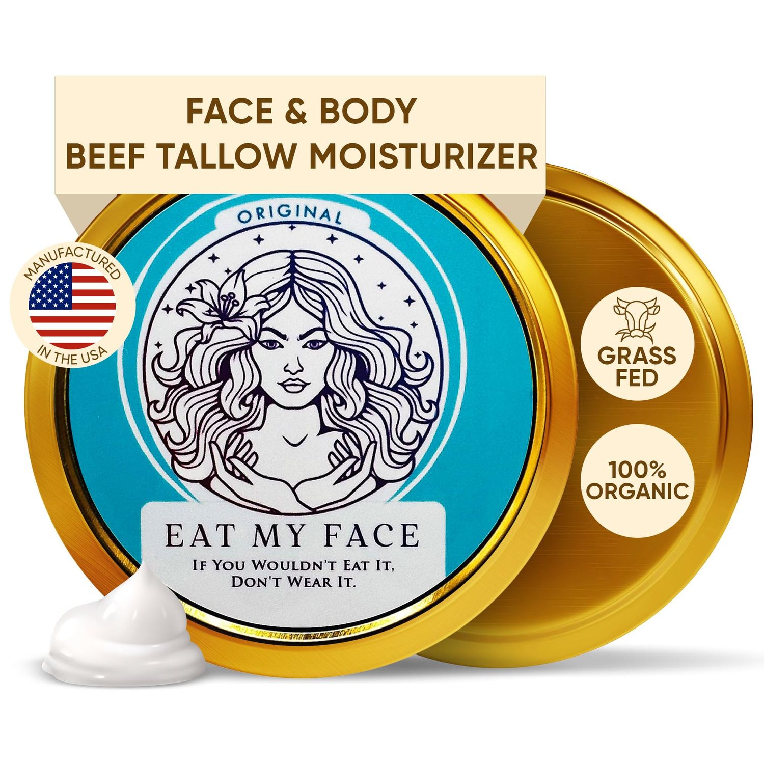 Eat My Face Tallow Face Moisturizer - Beef Tallow for Face Neck Body, Beef Tallow Moisturizer, Organic Beef Tallow Face Cream, Grass Fed Beef Tallow for Skin, Made in USA - Tallow Cream, 4.0 fl oz
