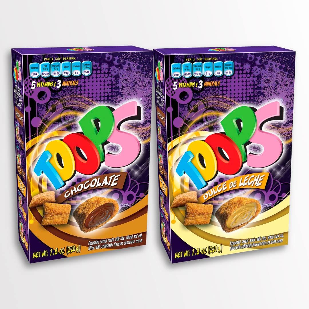 Toops Bundle - Cereal filled with Chocolate Cream 220g 7.8Oz Cereal filled with Dulce de Leche cream 220g 7.8Oz - Contains Vitamins and Minerals made of Rice, Wheat and Oat (2 Pack 15.6Oz TOTAL)