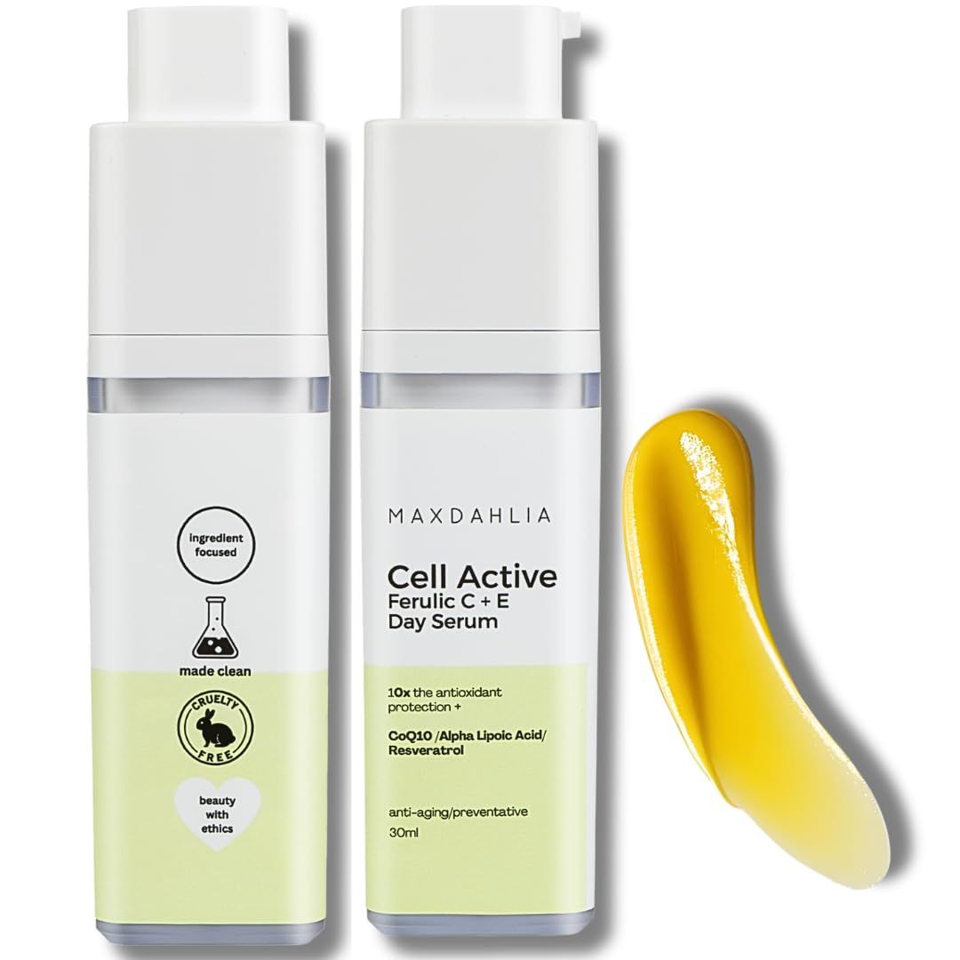 MAXDAHLIA Vitamin CE Ferulic Acid Serum - Brightening Anti-Aging Face Serum with CoQ10, Niacinamide Resveratrol - Targets Wrinkles, Hydrates, Evens Tone - Clean, Lightweight, All Skin Types