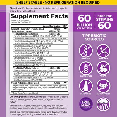 Vital Planet - Vital Flora Women Over 55 Daily Probiotic 60 Billion CFU, 60 Diverse Strains, 7 Organic Prebiotics, Immune Support Shelf Stable Digestive Health Probiotics for Women 30 Capsules