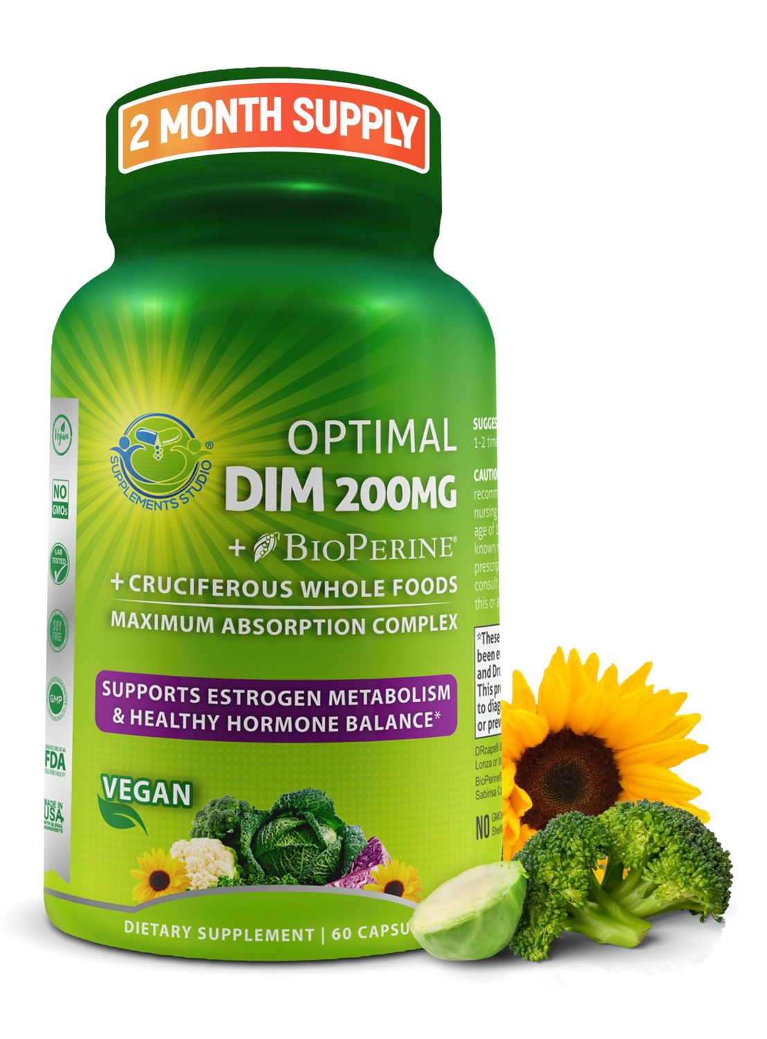 Optimal DIM 200mg Supplement for Women and Men - Made with Organic Whole Foods - Estrogen Hormone Balance Support Diindolylmethane Complex - Maximum Absorption Delayed-Release Capsules - 60 Count