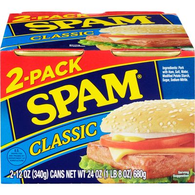 SPAM Classic Canned Meat, 12 Ounce (2 Pack), Fully Cooked Pork Ham, 7g Protein Per Serving, 0g Trans Fat, Low Carb, Keto-Friendly, Gluten Free, Easy Open Can, Perfect for Sandwiches Breakfast