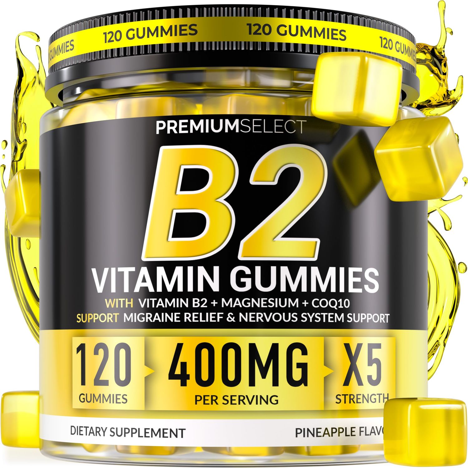 Vitamin B2 Gummies Riboflavin 400mg - 120 Gummies with Magnesium, CoQ10 Vitamin B2 for Adults Kids - Sugar Free Migraine Relief Headache Relief Supplement - B2 Vitamin 400mg