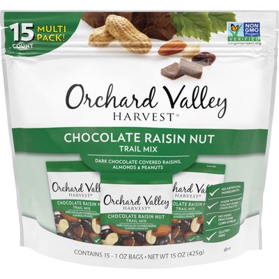 Orchard Valley Harvest Chocolate Raisin Nut Trail Mix, 1 Ounce Bags (Pack of 15), Dark Chocolate Covered Raisins, Almonds, and Peanuts, Gluten Free, Non-GMO, No Artificial Ingredients