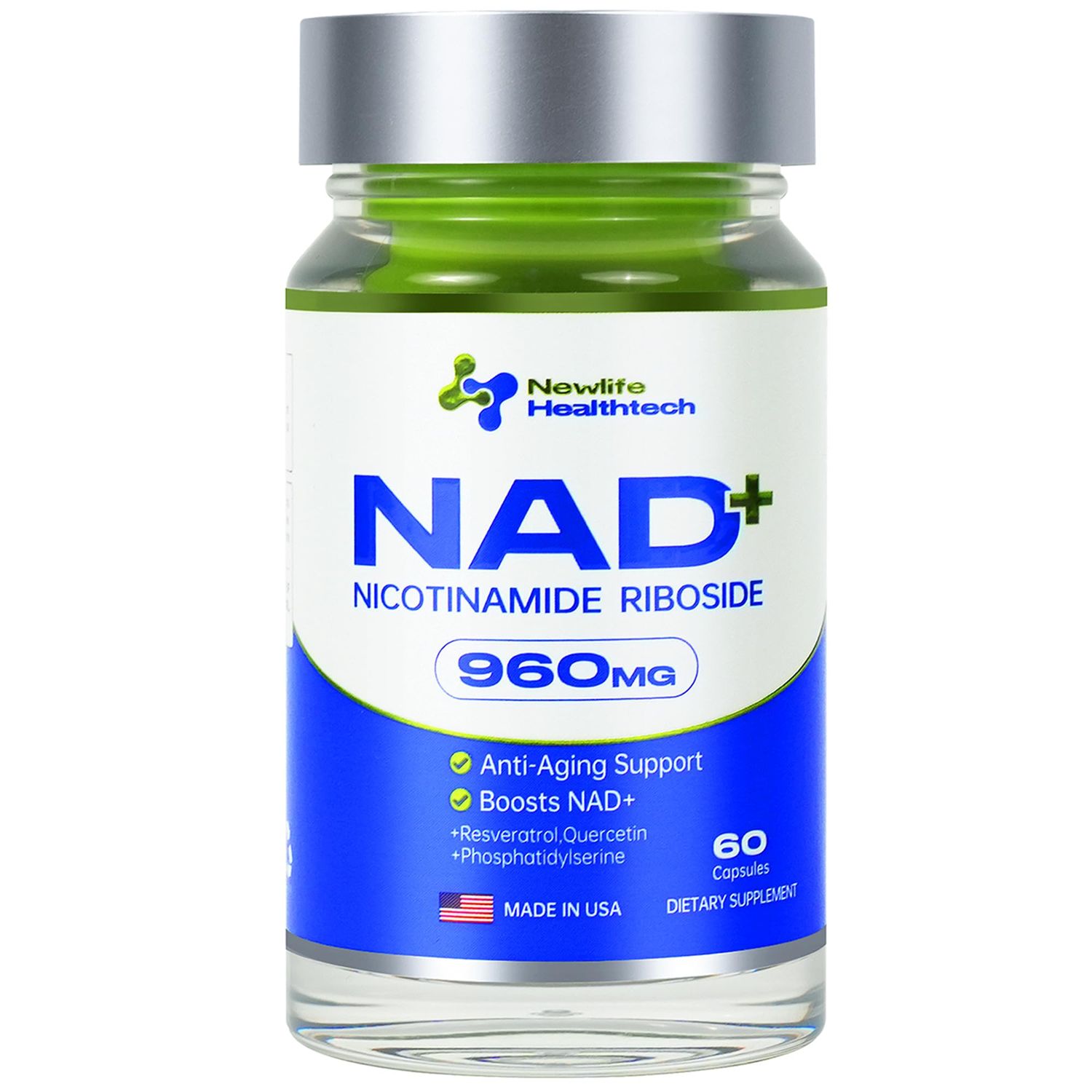 Newlife Healthtech NMN Supplement 960mg - Boosts NAD with 99 Purity Liposomal Nicotinamide Riboside, Phosphatidylserine, Quercetin Resveratrol - Anti-Aging Brain Health - 60 Capsules
