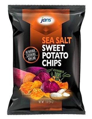 Jans Root Chips Sea Salt Sweet Potato Chips, Gluten Free, Non GMO, savory sea salt sweet potato yam chips snack, vegan snack alternative, thin sliced roots chips, 3 oz per bag (Pack of 4)