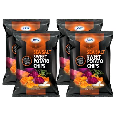 Jans Root Chips Sea Salt Sweet Potato Chips, Gluten Free, Non GMO, savory sea salt sweet potato yam chips snack, vegan snack alternative, thin sliced roots chips, 3 oz per bag (Pack of 4)