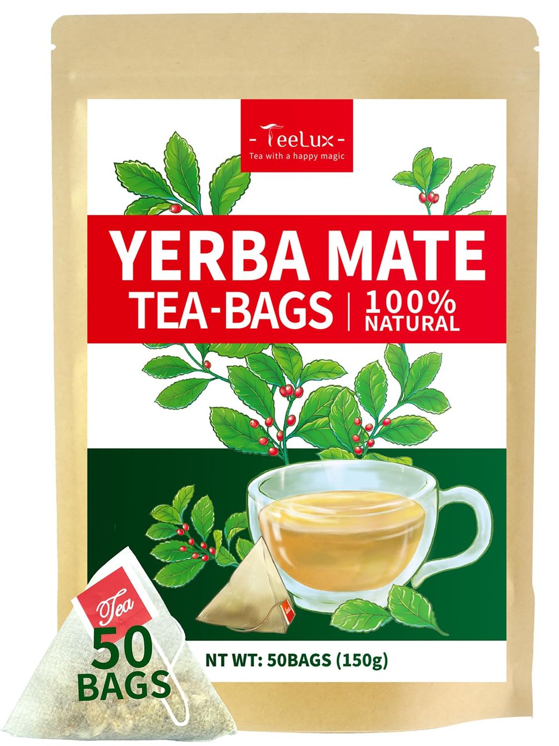 TeeLux Yerba Mate Tea Bags, 3gbag, Unsmoked Yerba Mate Tea, Rich in Antioxidant, Hot Iced Tea, 50 Count