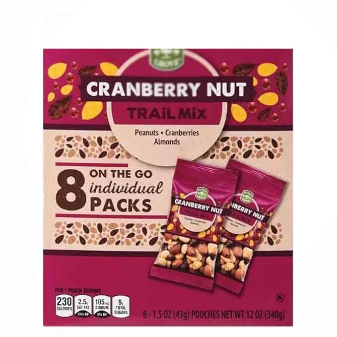Peanut Cranberry Almond Trail Mix: Peanuts, Raisins, Sunflower Kernels, Chocolate Candies, 8 On the Go Individual Mixed Nut Packs,1.5oz Snack Pouches, Southern Grove 12oz Box