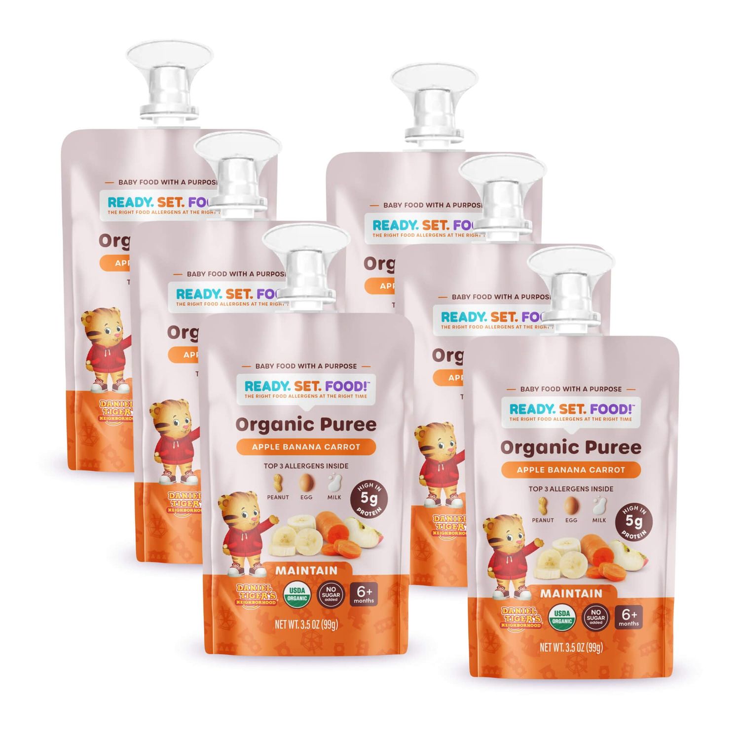 Ready Set Food Organic Puree Pouch - Organic Baby Food Squeeze Pouch with Top 3 Allergens for Baby Allergen Introduction, Includes Organic Peanuts, Egg, and Milk (Apple Banana Carrot, 6 count)