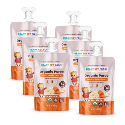 Ready Set Food Organic Puree Pouch - Organic Baby Food Squeeze Pouch with Top 3 Allergens for Baby Allergen Introduction, Includes Organic Peanuts, Egg, and Milk (Apple Banana Carrot, 6 count)