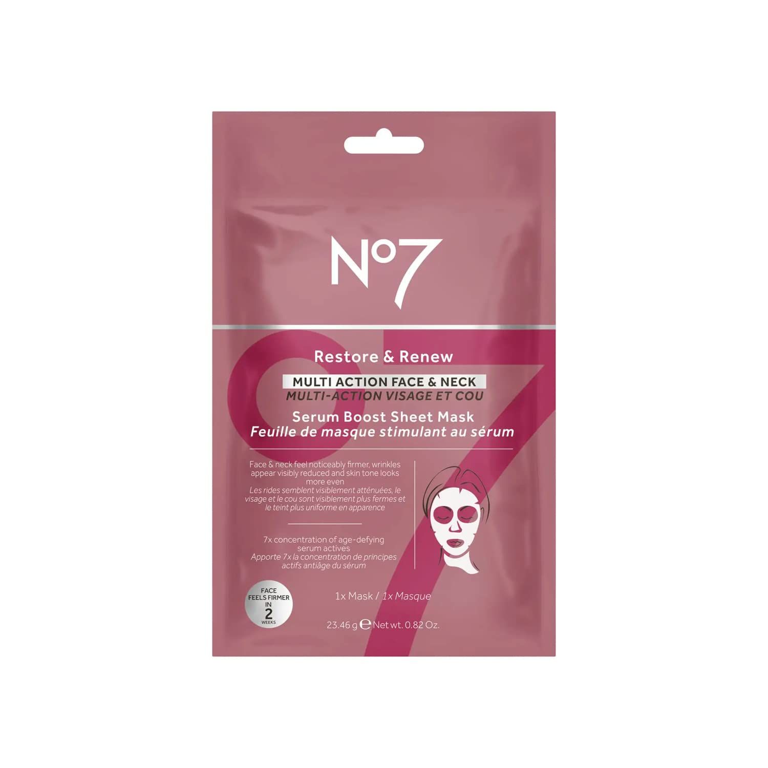 No7 Restore and Renew Multi-Action Face and Neck Serum Boost Mask - Anti-Aging, Firming, Wrinkle-Reducing Sheet Mask for Hydrating and Brightening Uneven Skin Tone