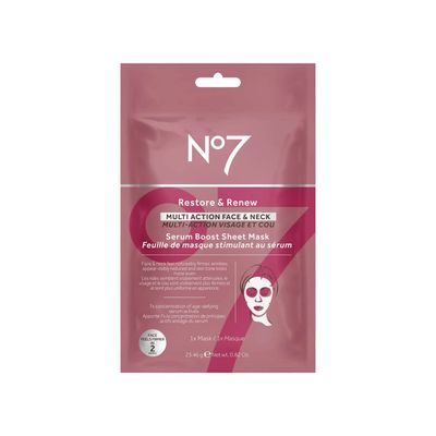 No7 Restore and Renew Multi-Action Face and Neck Serum Boost Mask - Anti-Aging, Firming, Wrinkle-Reducing Sheet Mask for Hydrating and Brightening Uneven Skin Tone