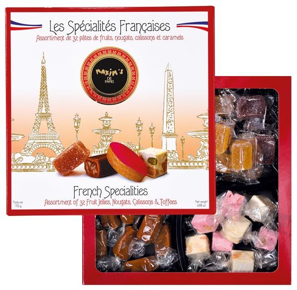 Maxim&#39;s de Paris - Gourmet French Candies Assortment of French Specialties: Calissons, Fruit Jellies, Salted Caramels and Nougats, 32 pieces 6.9oz