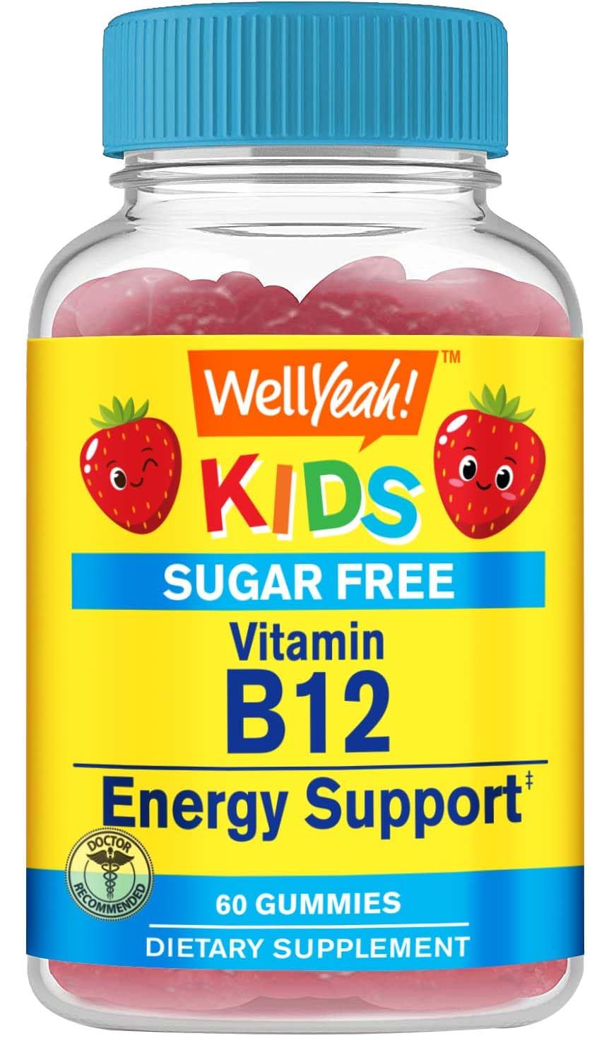 WellYeah Kid&#39;s Vitamin B12 1000mcg Sugar Free Gummies Dietary Supplement for Energy and Metabolism Support Strawberry Flavor 60 Count