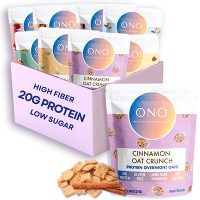 ONO Protein Overnight Oats - All Flavor Variety (8 Pack) - 20g Protein, Gluten Free, Dairy Free, Low Sugar Oatmeal - Organic Oats, Chia Seeds, Lions Mane Mushroom, High Protein Breakfast