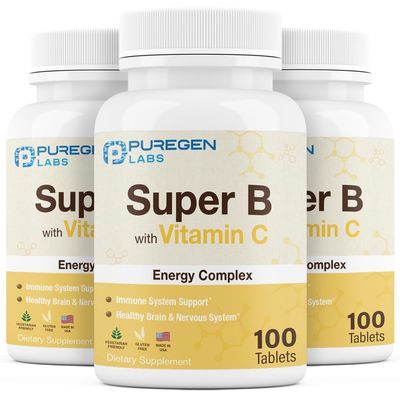 Puregen Labs Super B Energy Complex with Vitamin C - Immune Health, Energy Nervous System Support - Non-GMO, Gluten-Free 3 Pack - Total 300 Tablets