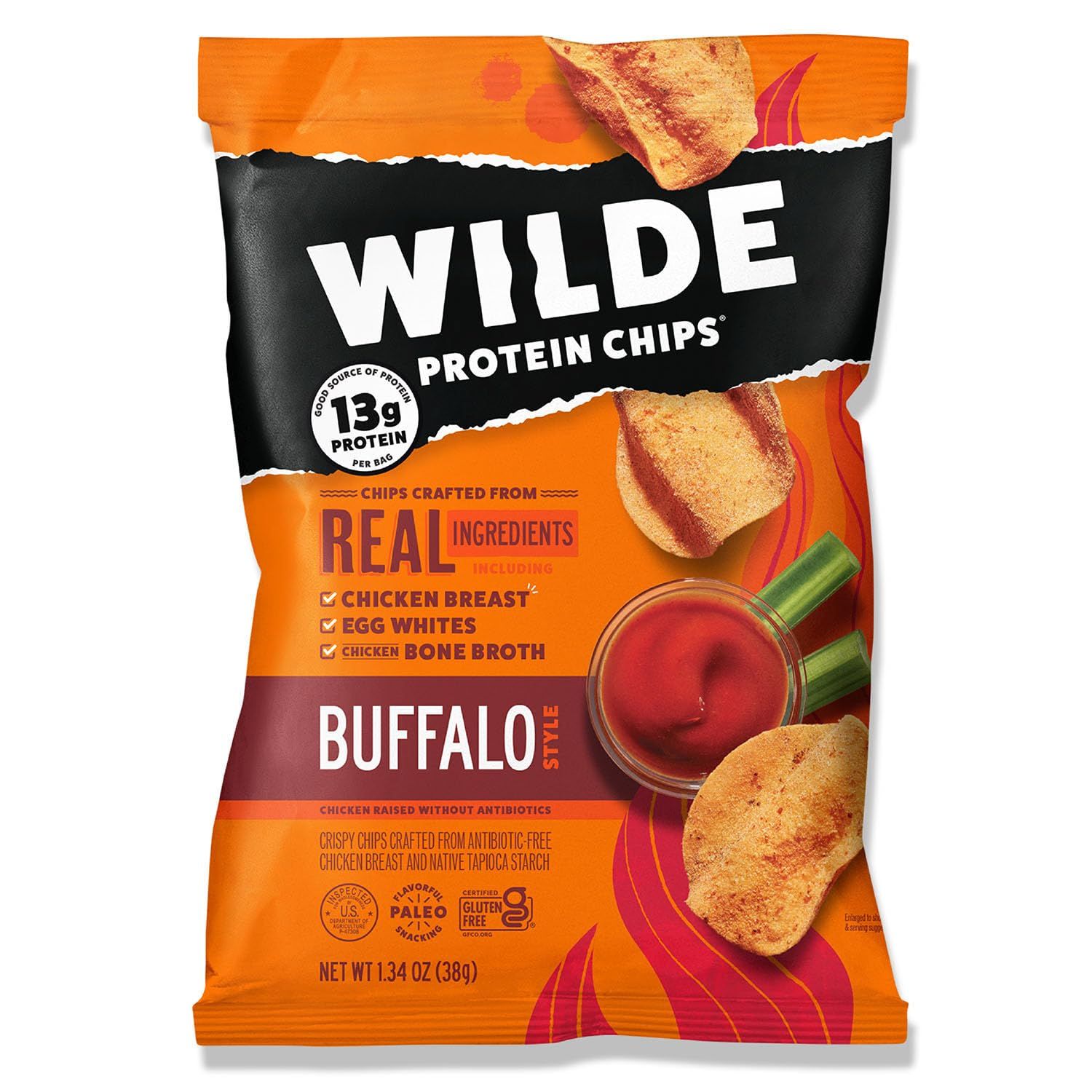 WILDE Buffalo Protein Chips, Thin and Crispy, High Protein, Keto Friendly, Made with Real Ingredients, 1.34oz Bags (Pack of 8)